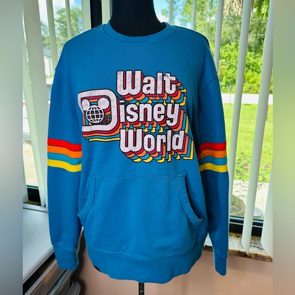 Walt Disney World Retro Blue Crewneck Sweater Red Yellow Stripes Size Medium - Picture 2 of 9